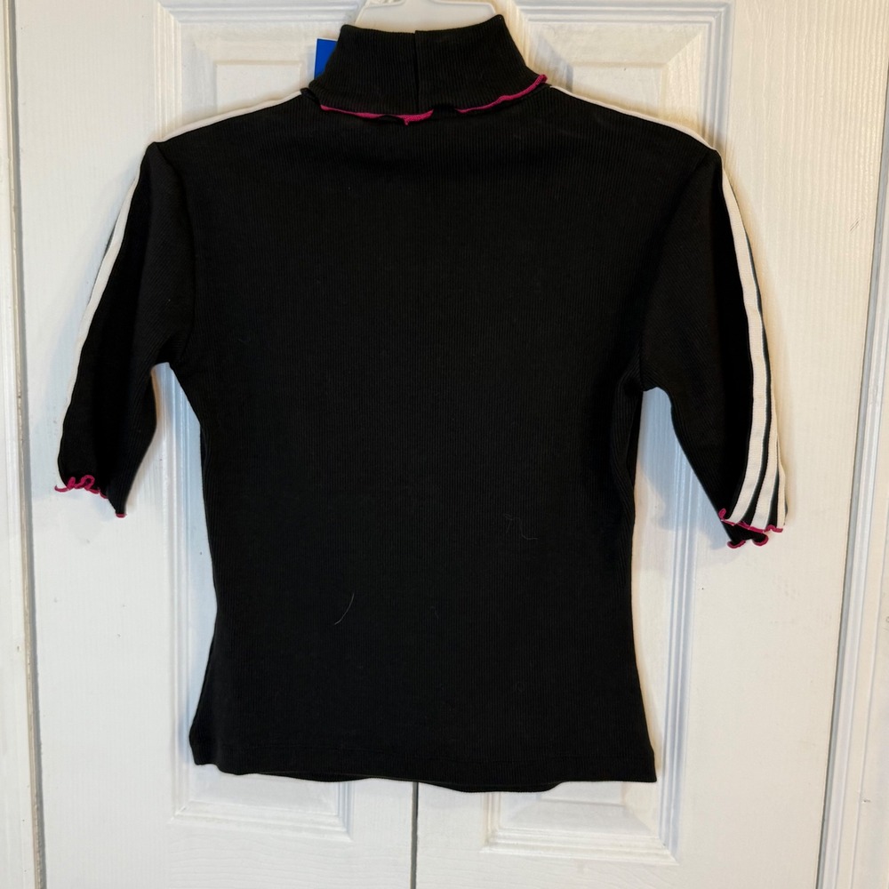 Adidas originals Mock Neck‎ Top Ribbed 3 Stripe Tee Shirt Ruffle Trim Black XS - Picture 9 of 12